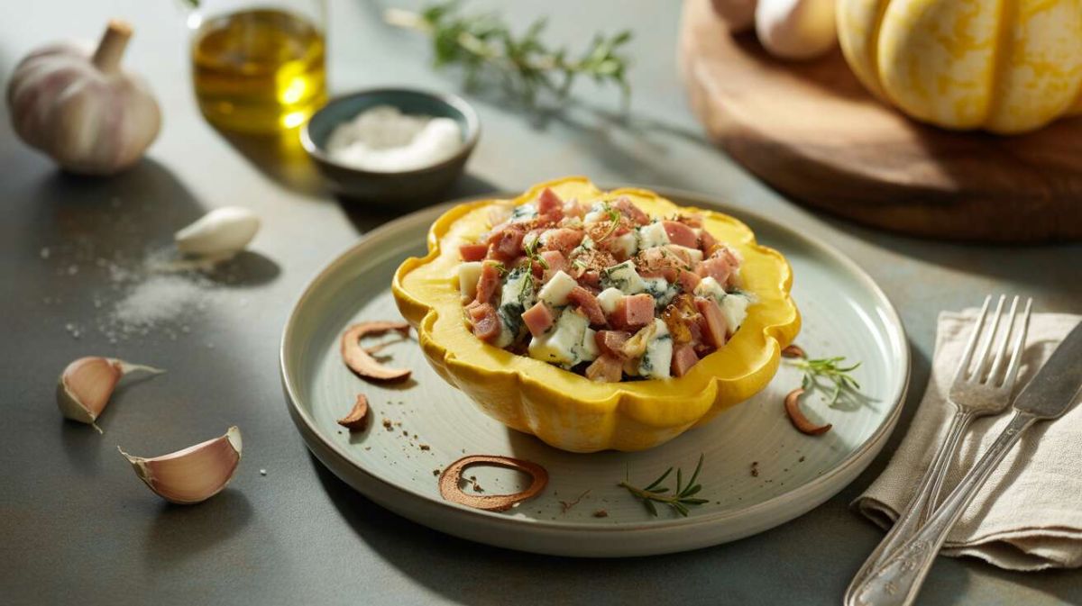Un délice de saison : pâtisson farci au bleu et aux lardons