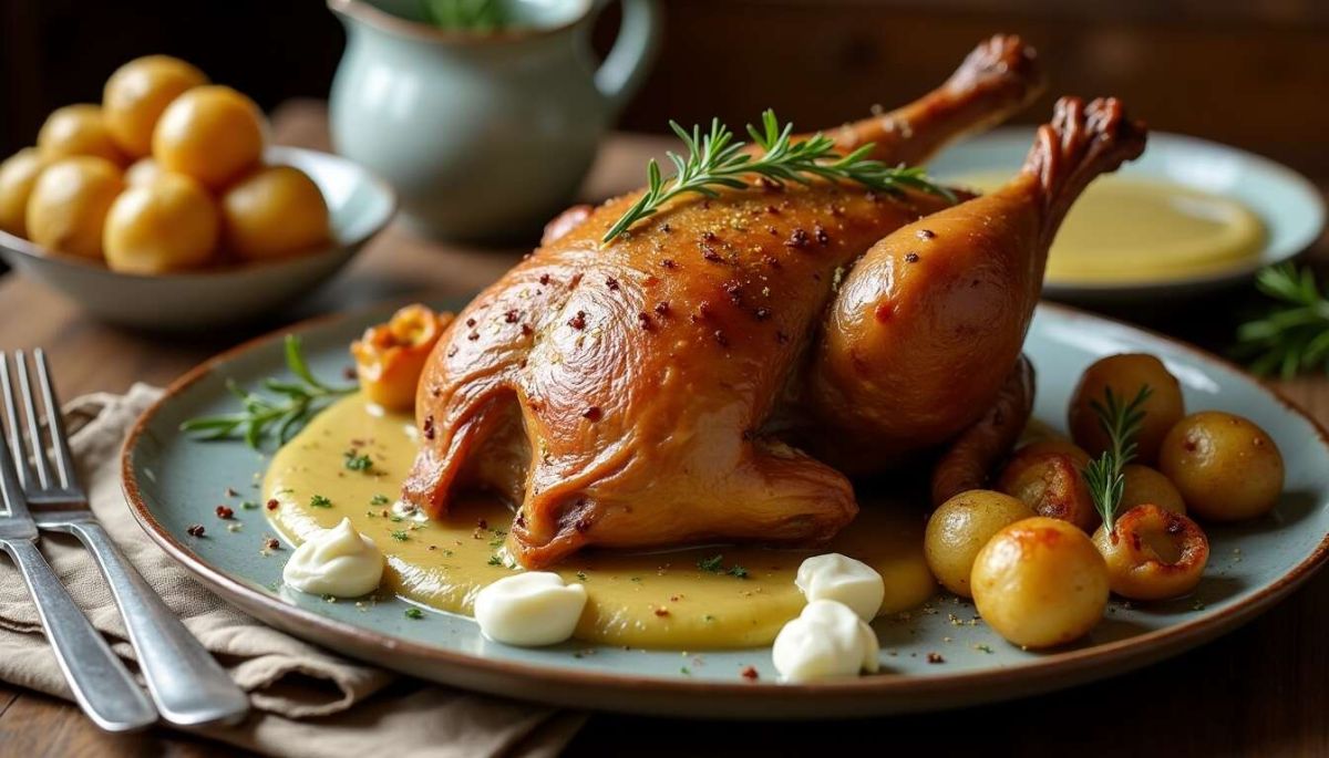 Un délice automnal : faisan rôti à la crème de girolles et pommes de terre