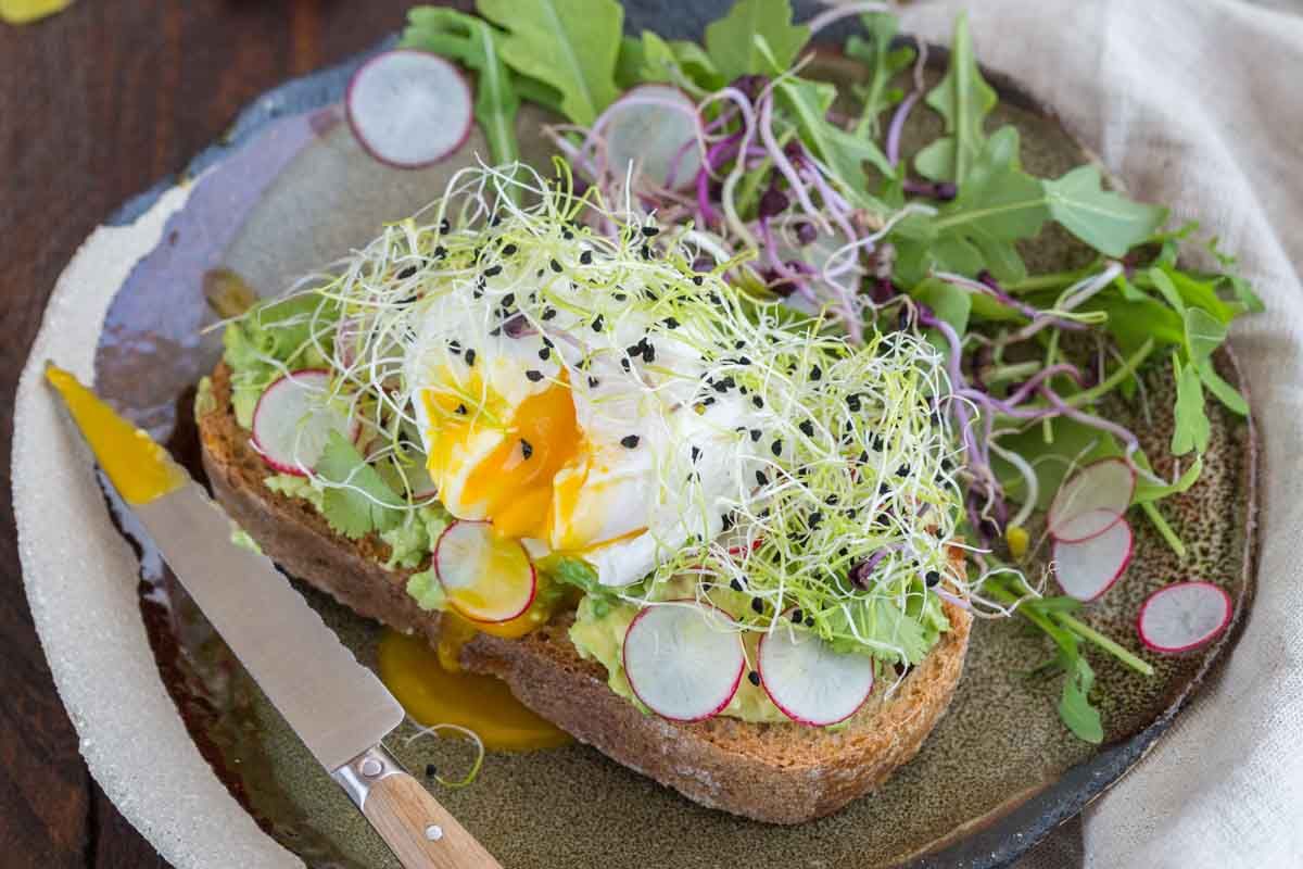 Avocado toast et oeuf poché aux graines germées